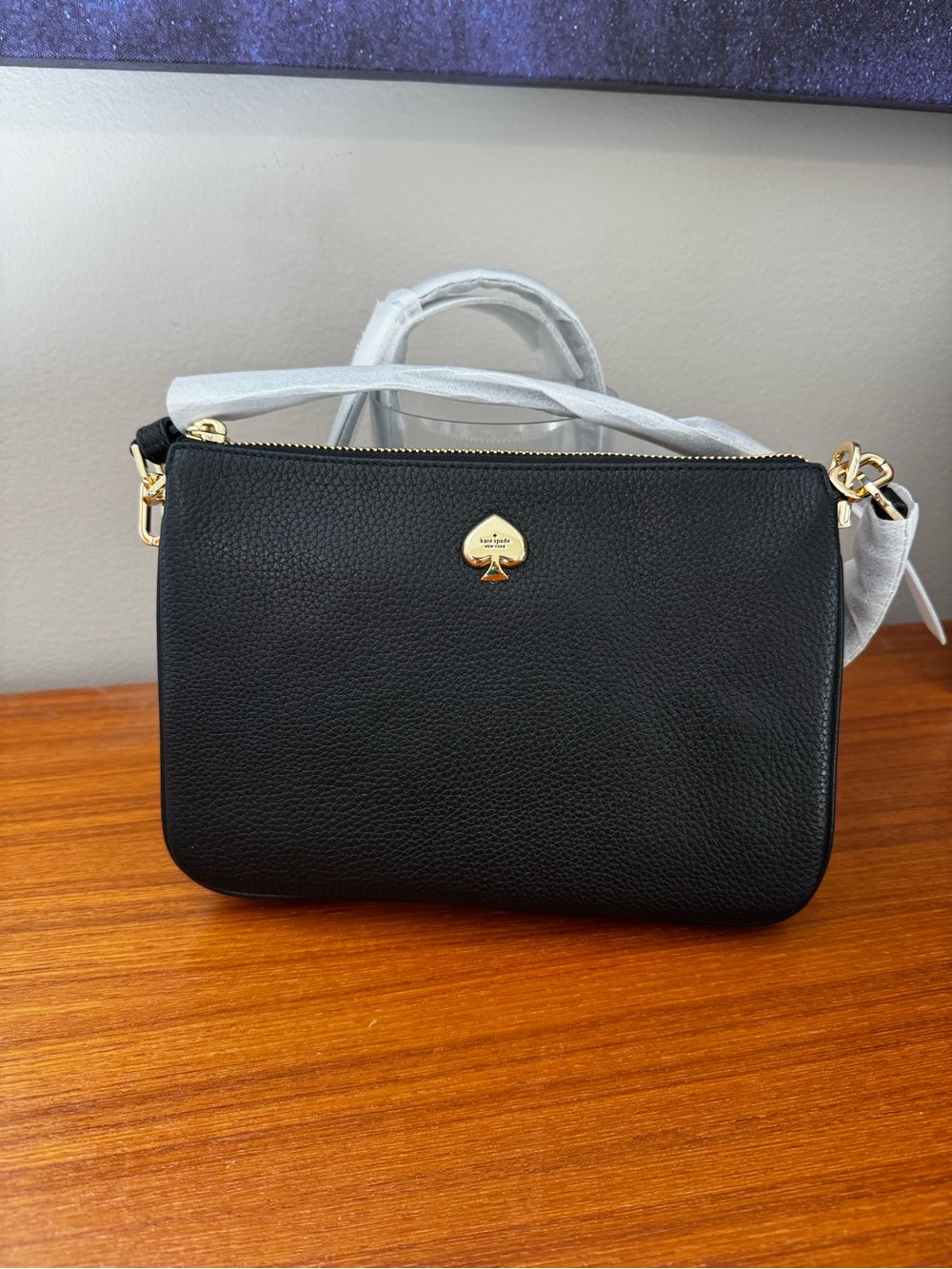 kate spade Black Pebbled Leather Crossbody with Gold Spade Accent